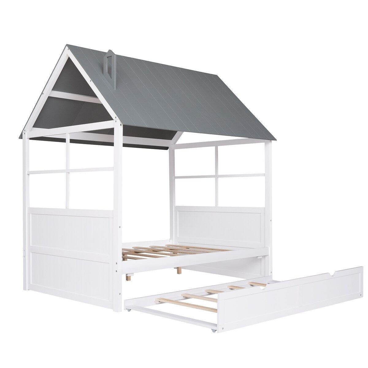 Full Size Wood House Bed with Twin Trundle, Wooden Platform Daybed