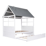 Full Size Wood House Bed with Twin Trundle, Wooden Platform Daybed