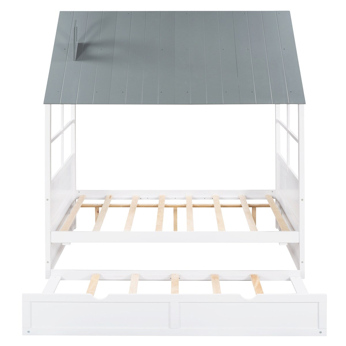 Full Size Wood House Bed with Twin Trundle, Wooden Platform Daybed