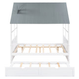 Full Size Wood House Bed with Twin Trundle, Wooden Platform Daybed