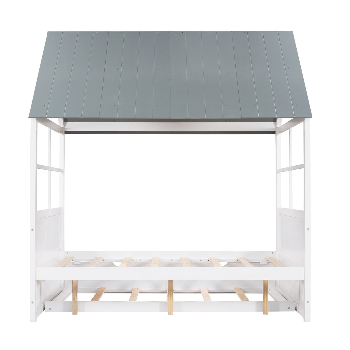 Full Size Wood House Bed with Twin Trundle, Wooden Platform Daybed