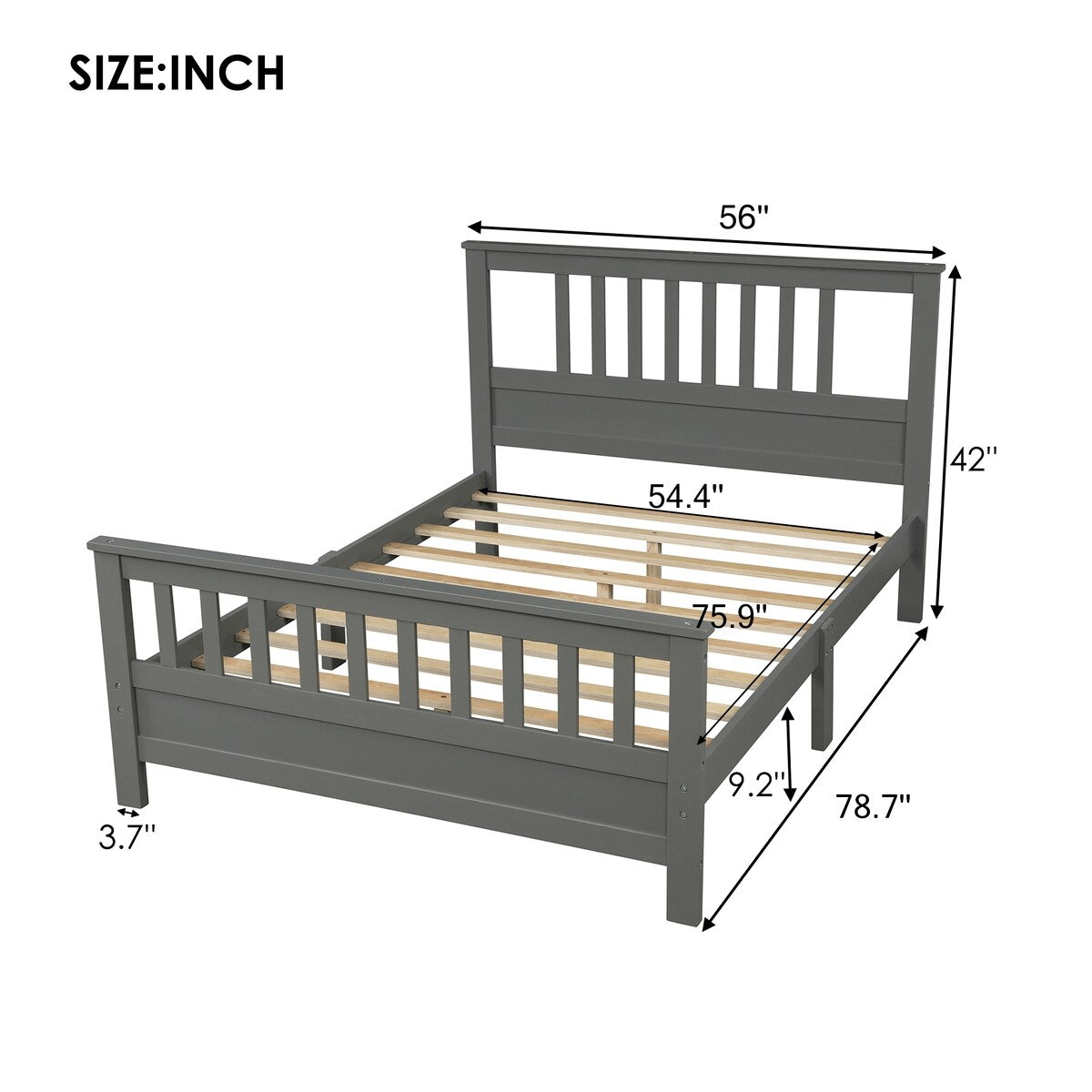 Full Size Wood Platform Bed w/ Paneled Headboard & Footboard, Grey