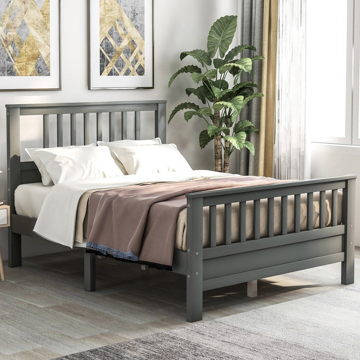 Full Size Wood Platform Bed w/ Paneled Headboard & Footboard, Grey