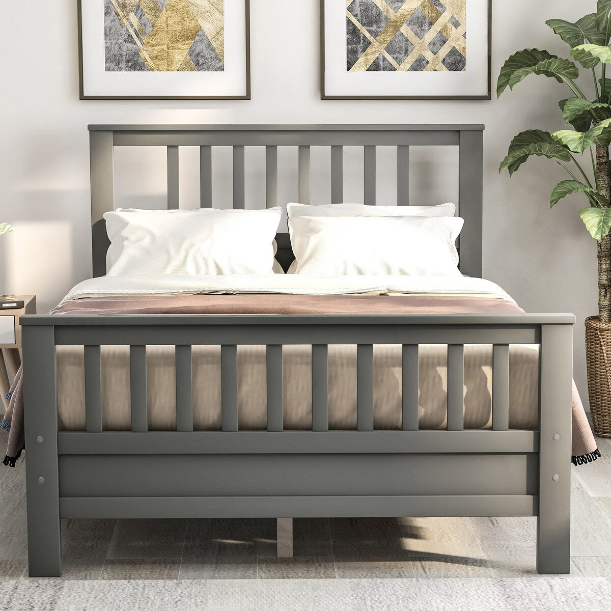 Full Size Wood Platform Bed w/ Paneled Headboard & Footboard, Grey