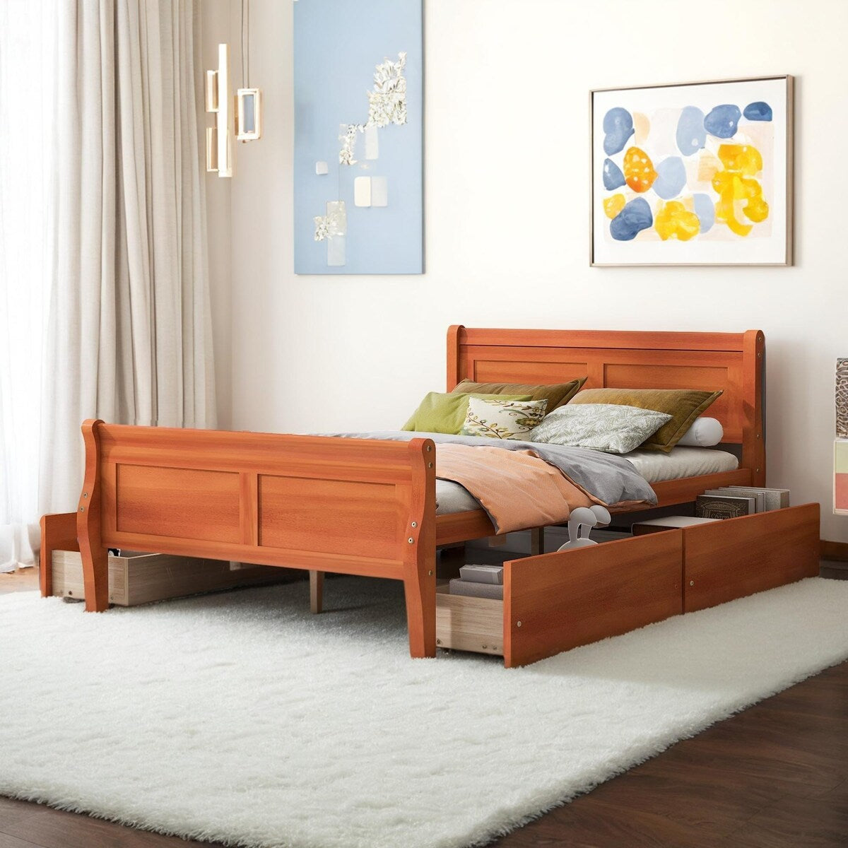 Full Size Wood Platform Bed with 4 Drawers and Streamlined Headboard & Footboard