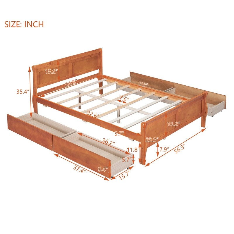 Full Size Wood Platform Bed with 4 Drawers and Streamlined Headboard & Footboard