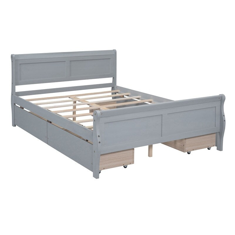 Full Size Wood Platform Bed with 4 Drawers and Streamlined Headboard & Footboard