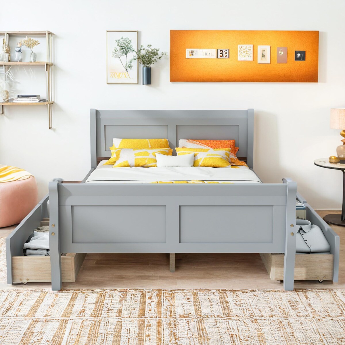 Full Size Wood Platform Bed with 4 Drawers and Streamlined Headboard & Footboard