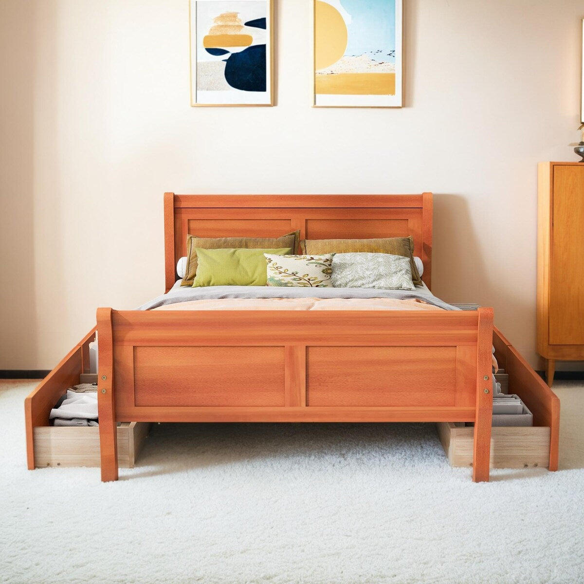 Full Size Wood Platform Bed with 4 Drawers and Streamlined Headboard & Footboard