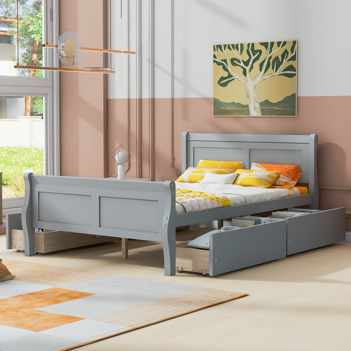 Full Size Wood Platform Bed with 4 Drawers and Streamlined Headboard