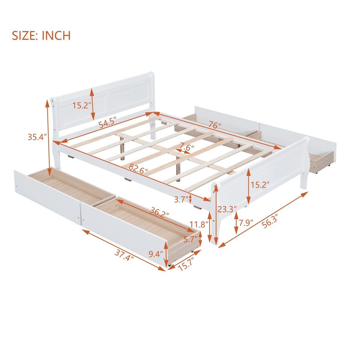 Full Size Wood Platform Bed with 4 Drawers, Elegant Design