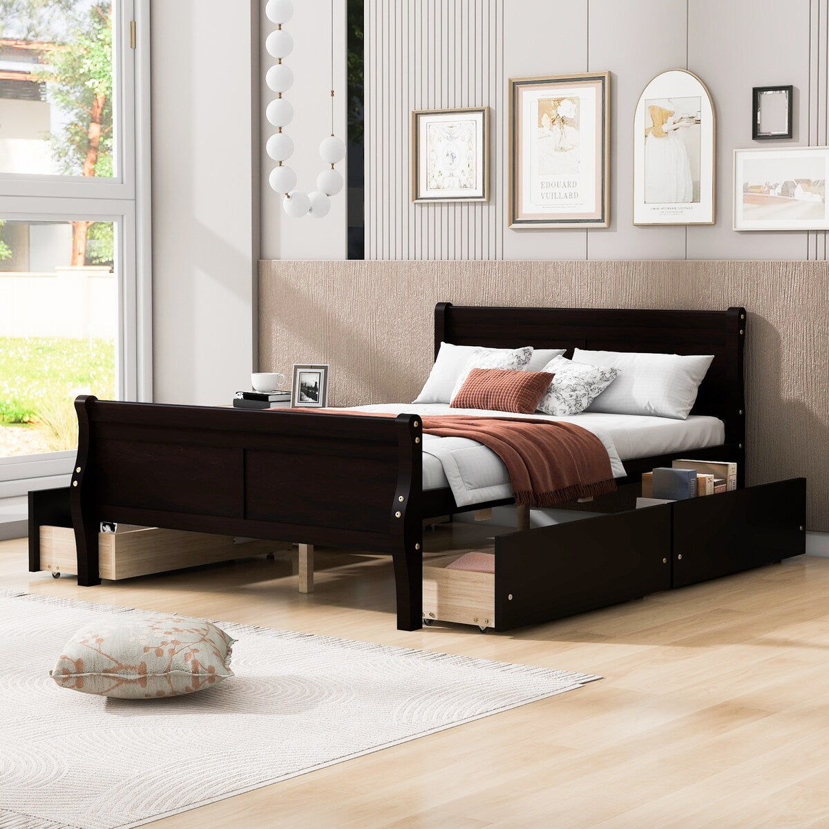 Full Size Wood Platform Bed with 4 Drawers, Elegant Design