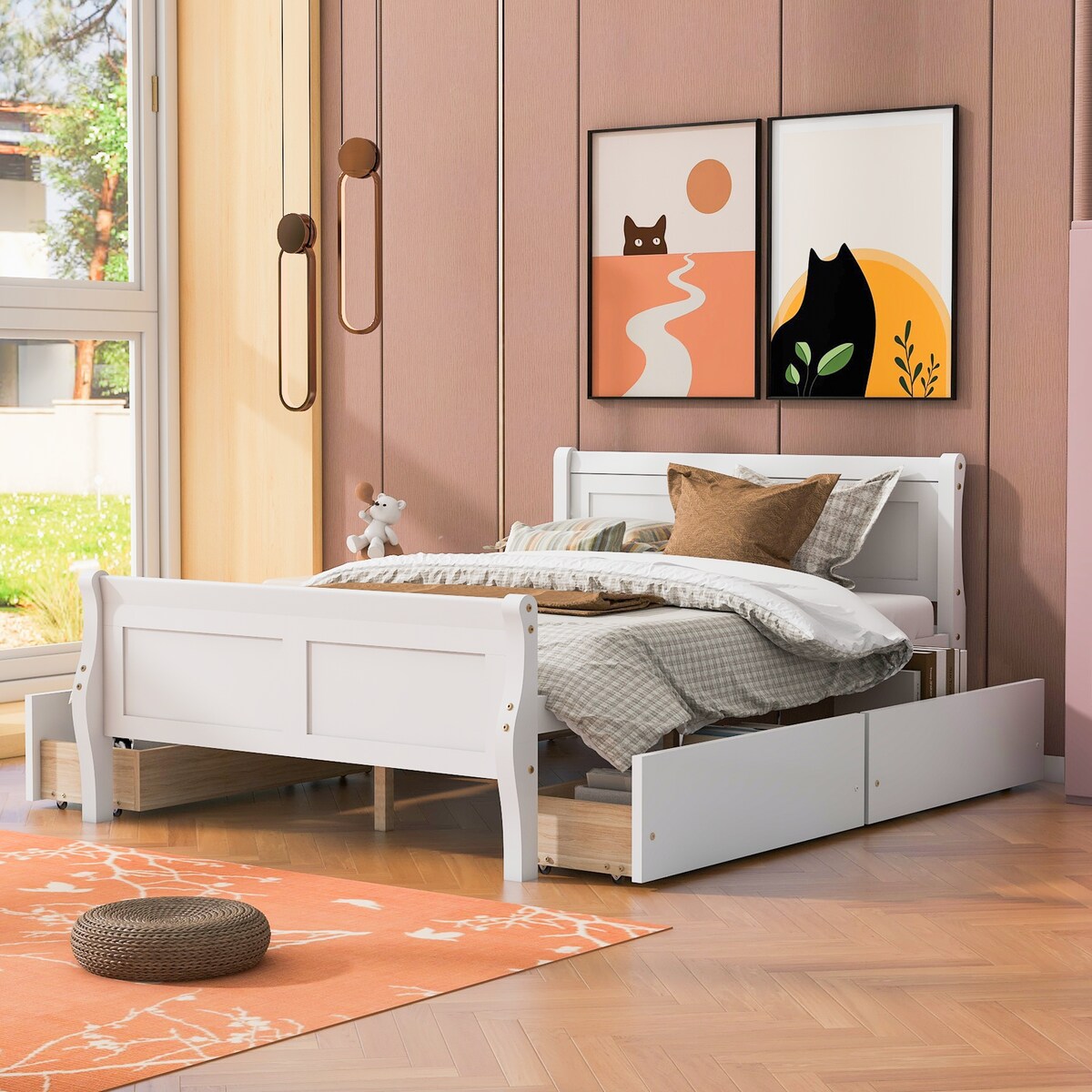 Full Size Wood Platform Bed with 4 Drawers, Elegant Design