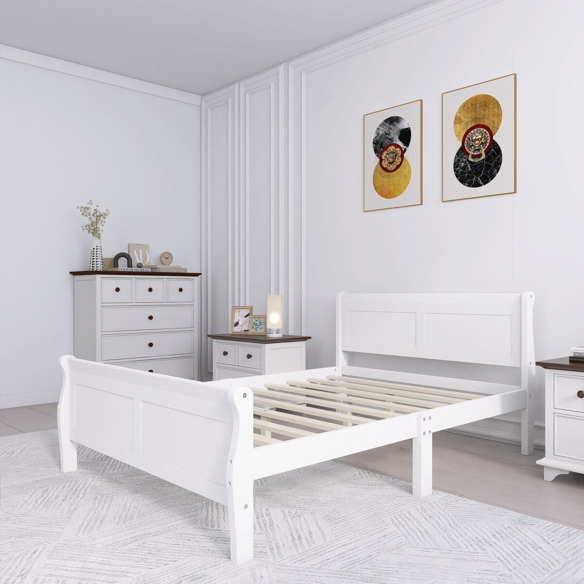 Full Size Wood Platform Bed with Headboard and Wooden Slat Support