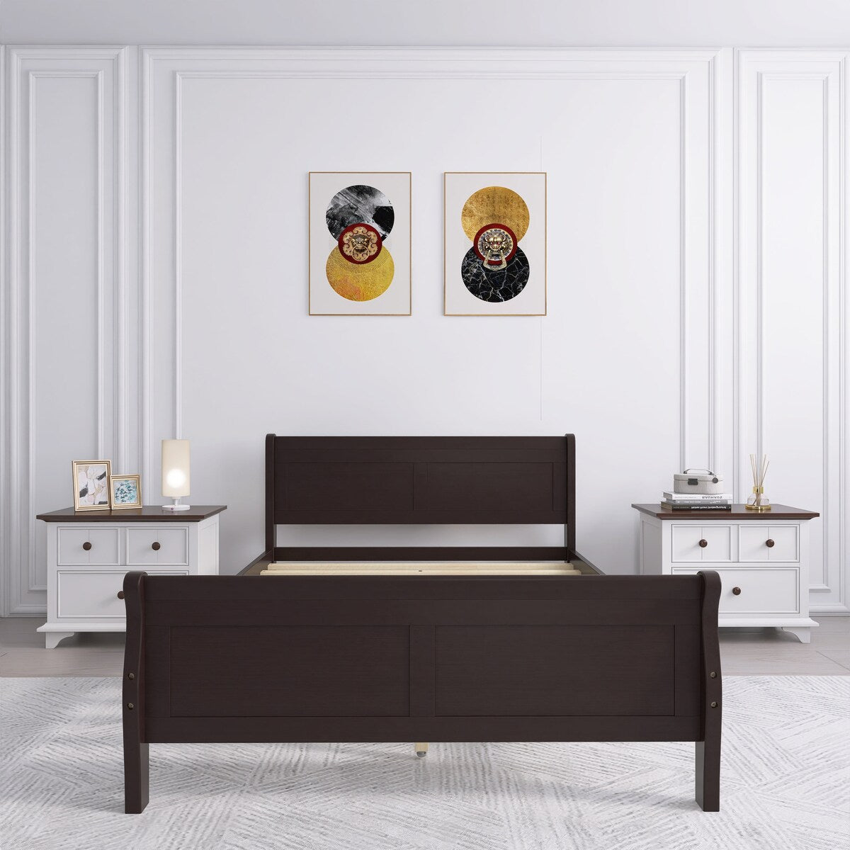 Full Size Wood Platform Bed with Headboard and Wooden Slat Support