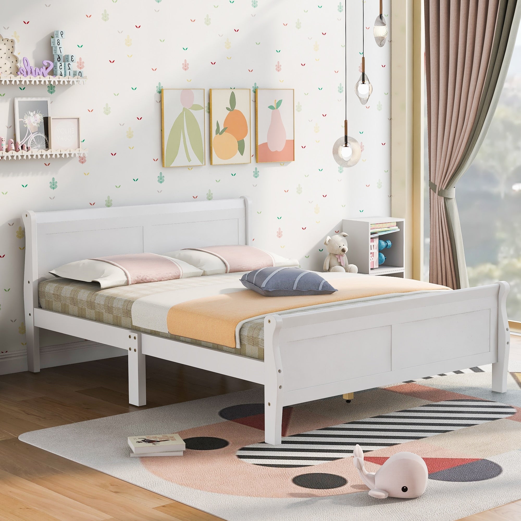 Classic Wood Full Size Platform Bed with Headboard and Wooden Slat Support White