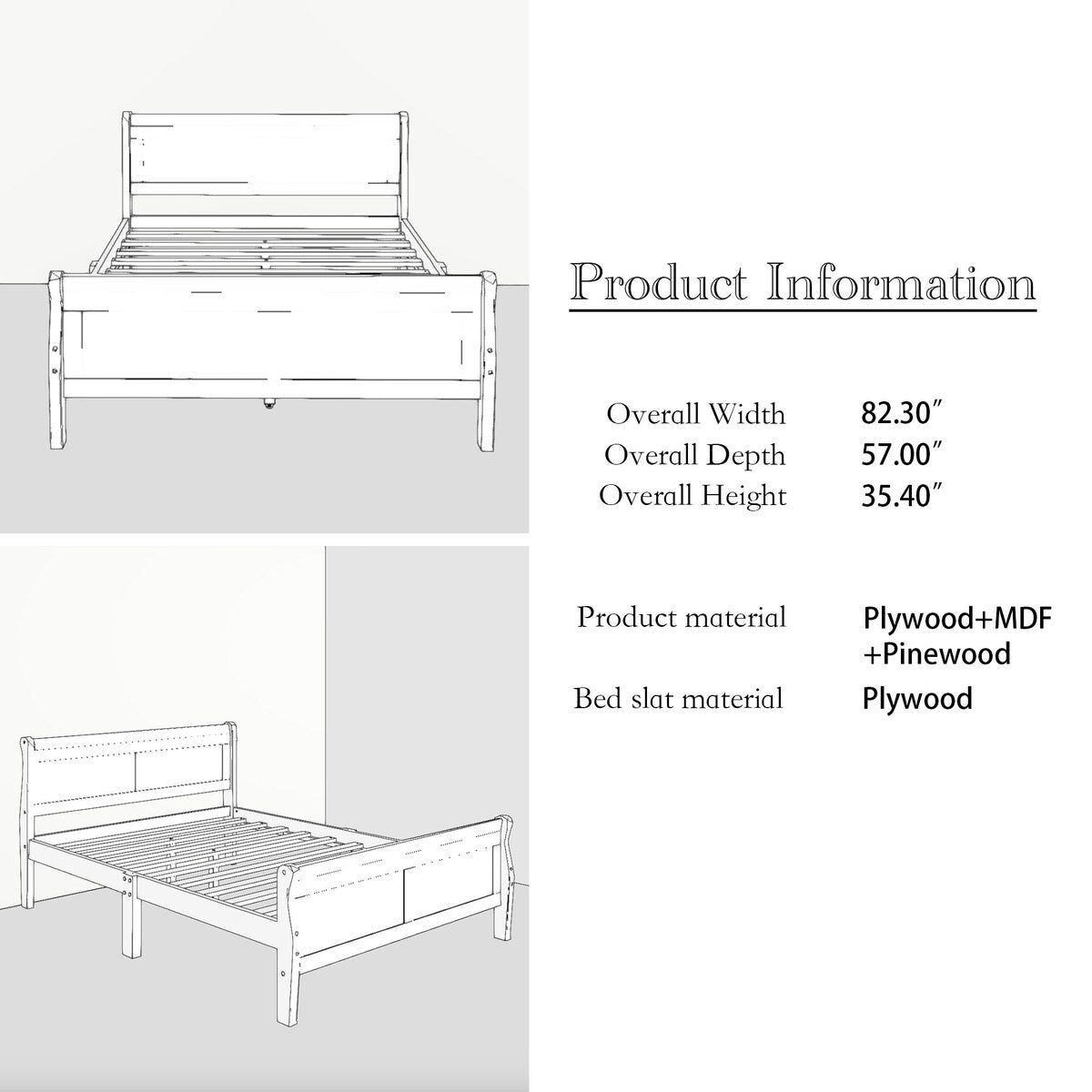 Full Size Wood Platform Bed with Headboard and Wooden Slat Support