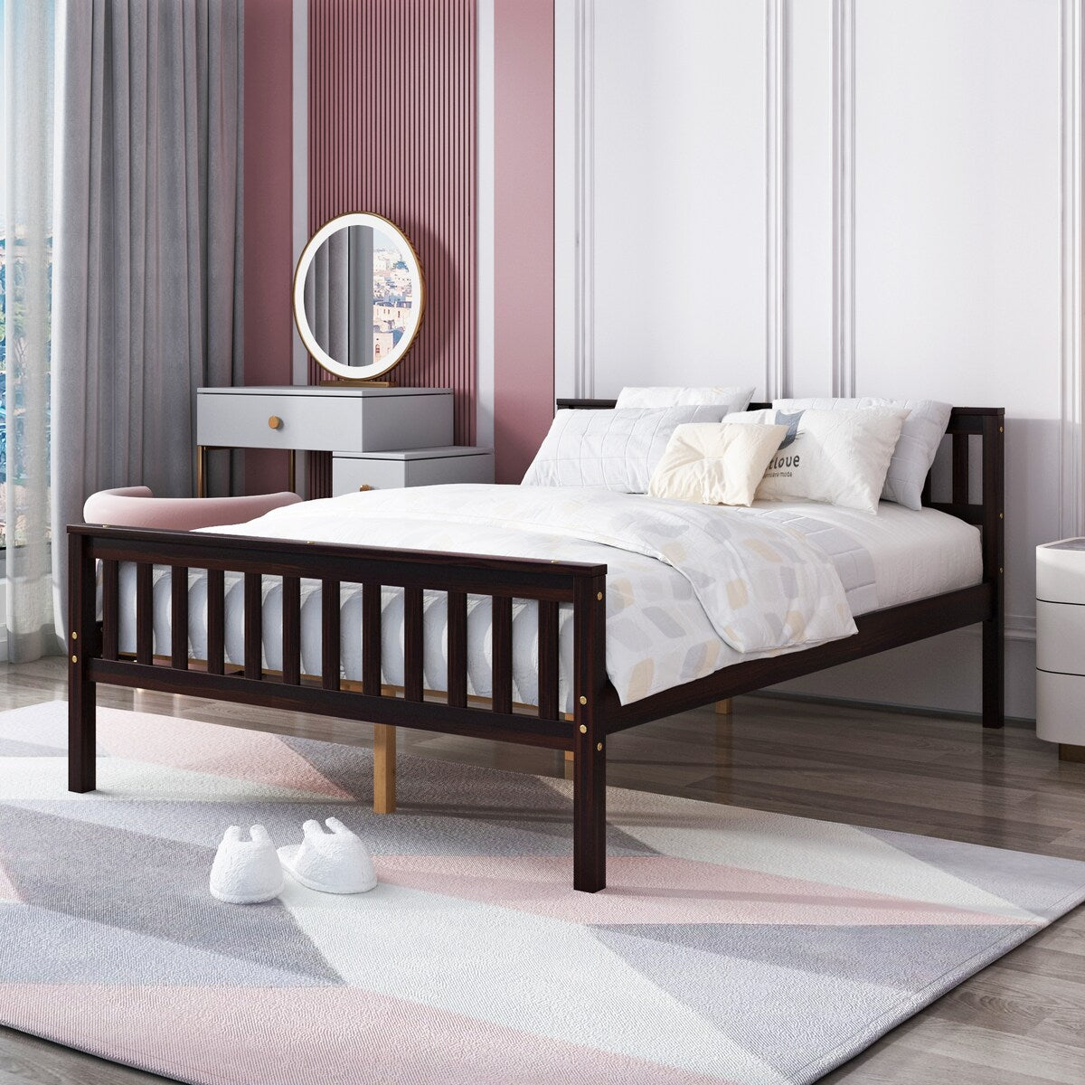 Full Size Wood Platform Bed with Headboard