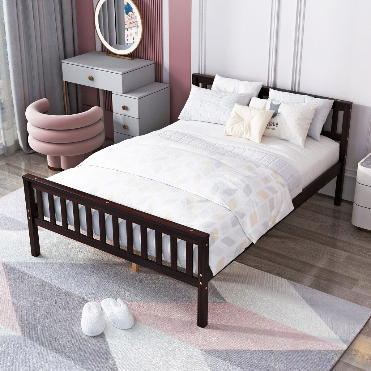 Full Size Wood Platform Bed with Headboard