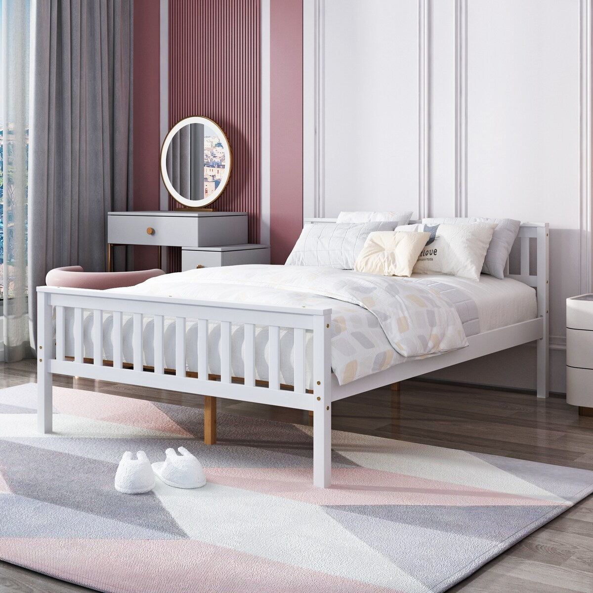 Full Size Wood Platform Bed with Headboard