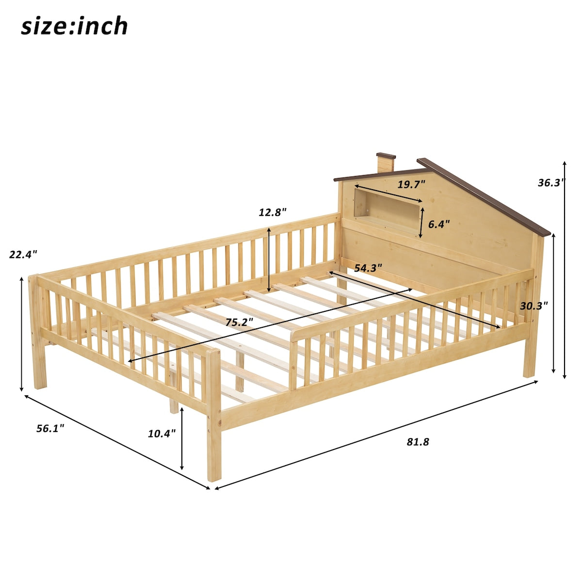 Full Size Wood Platform Bed with House-shaped Headboard, LED and Built-in Storage