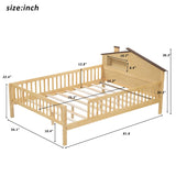 Full Size Wood Platform Bed with House-shaped Headboard, LED and Built-in Storage