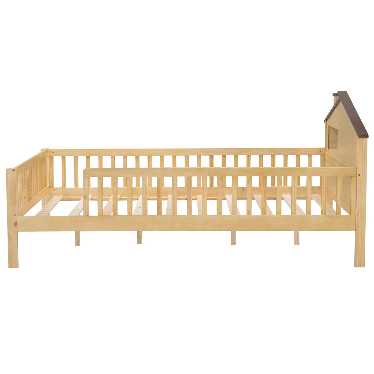 Full Size Wood Platform Bed with House-shaped Headboard, LED and Built-in Storage