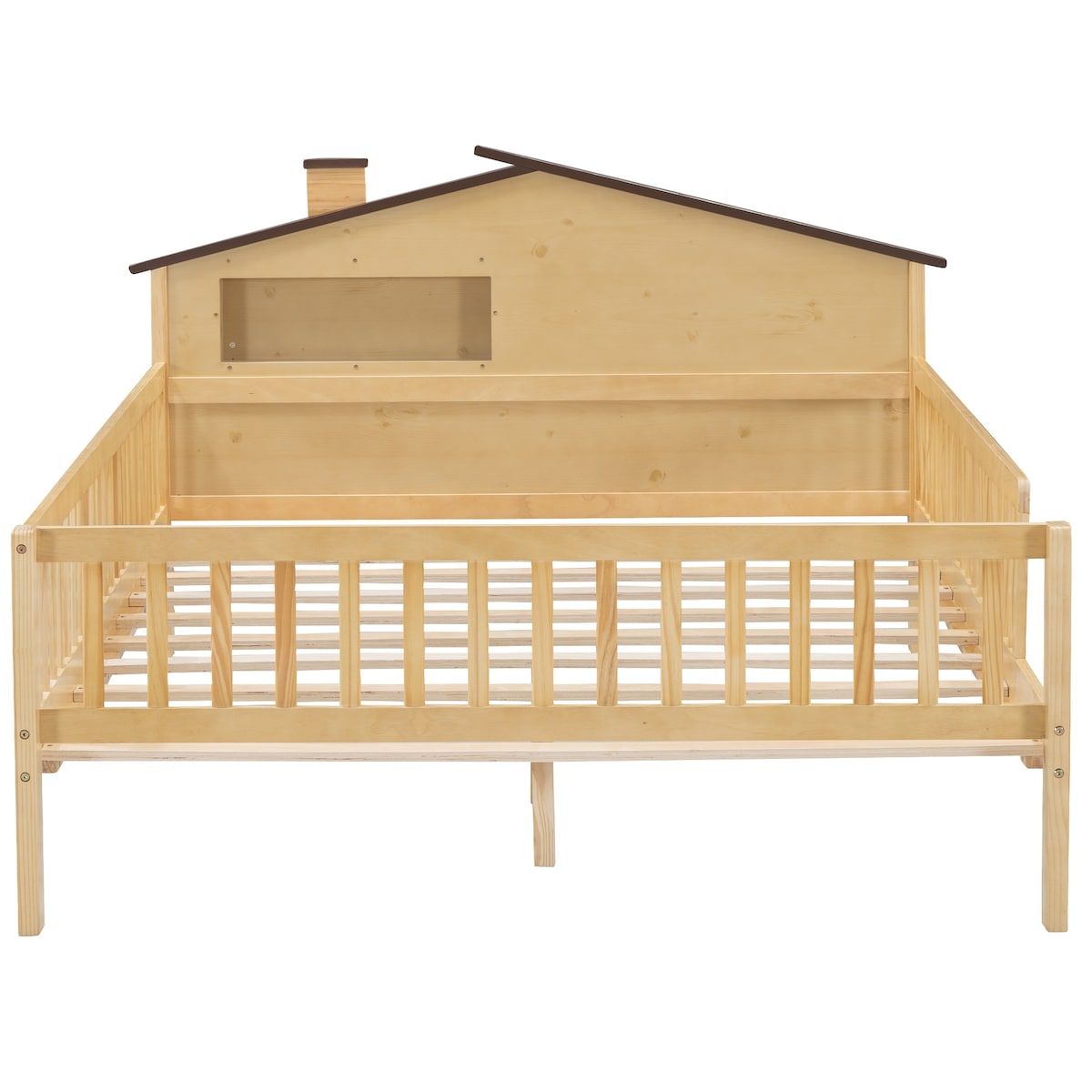 Full Size Wood Platform Bed with House-shaped Headboard, LED and Built-in Storage