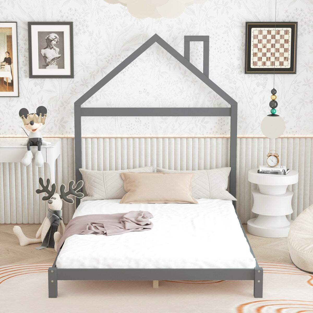 Full Size Wood Platform Bed with House-shaped Headboard