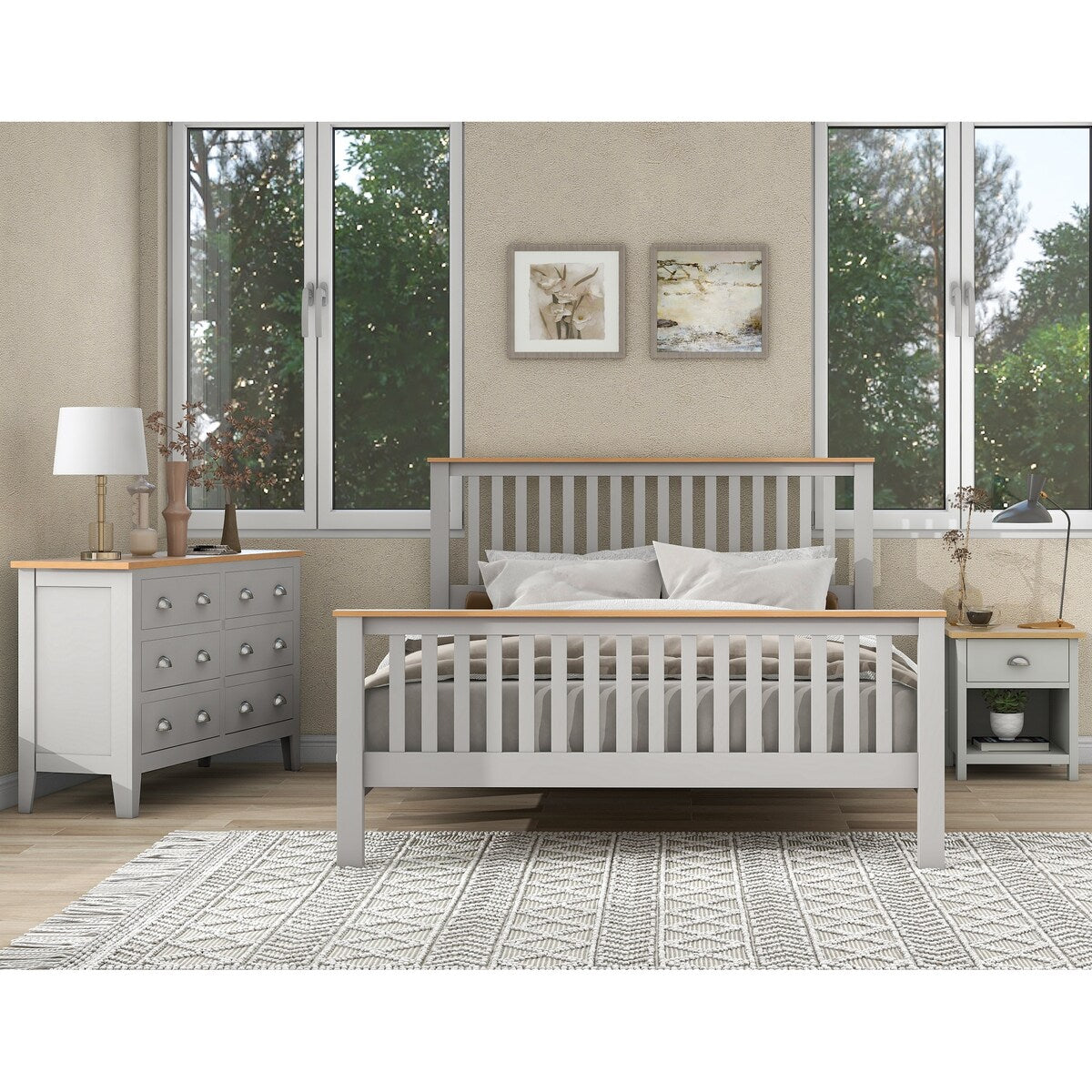 Full Size Wood Platform Bed with Nightstand and Storage Dresser