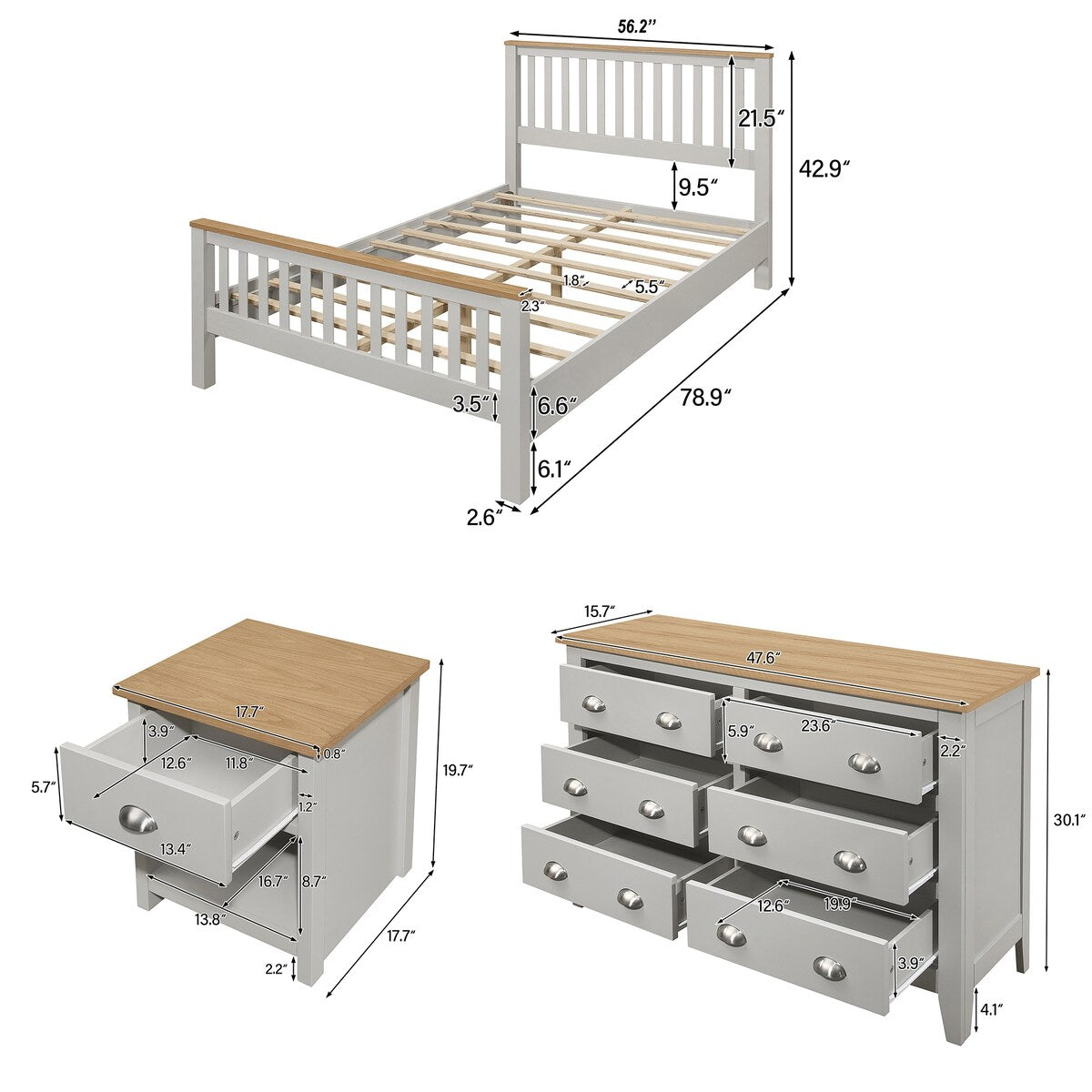 Full Size Wood Platform Bed with Nightstand and Storage Dresser