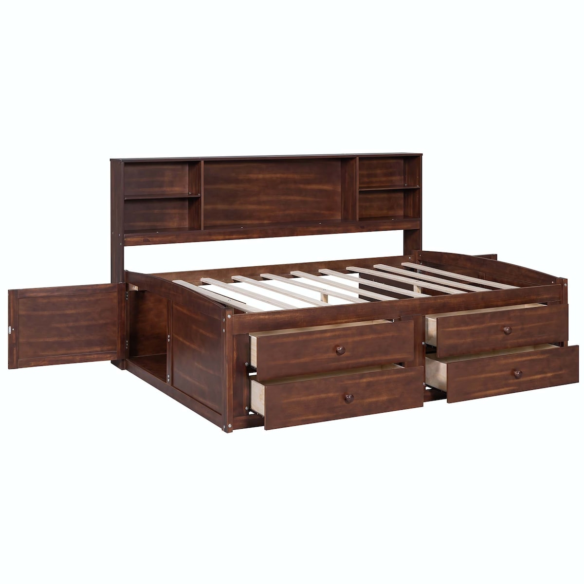 Full Size Wooden Captain Bed with Built-in Storage Shelves
