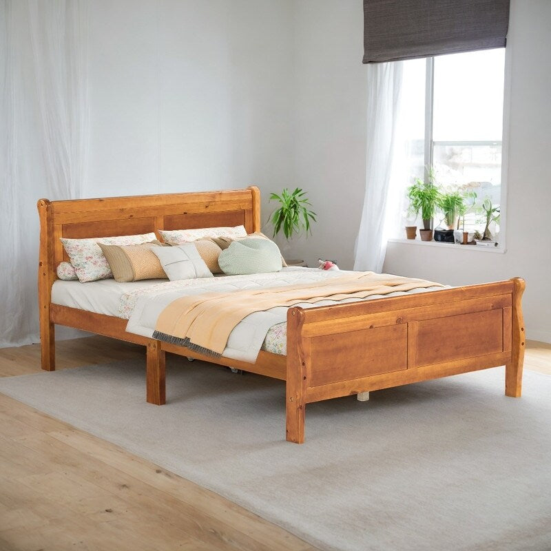 Full Size Wooden Classic Platform Bed with Headboard and Wooden Slat Support