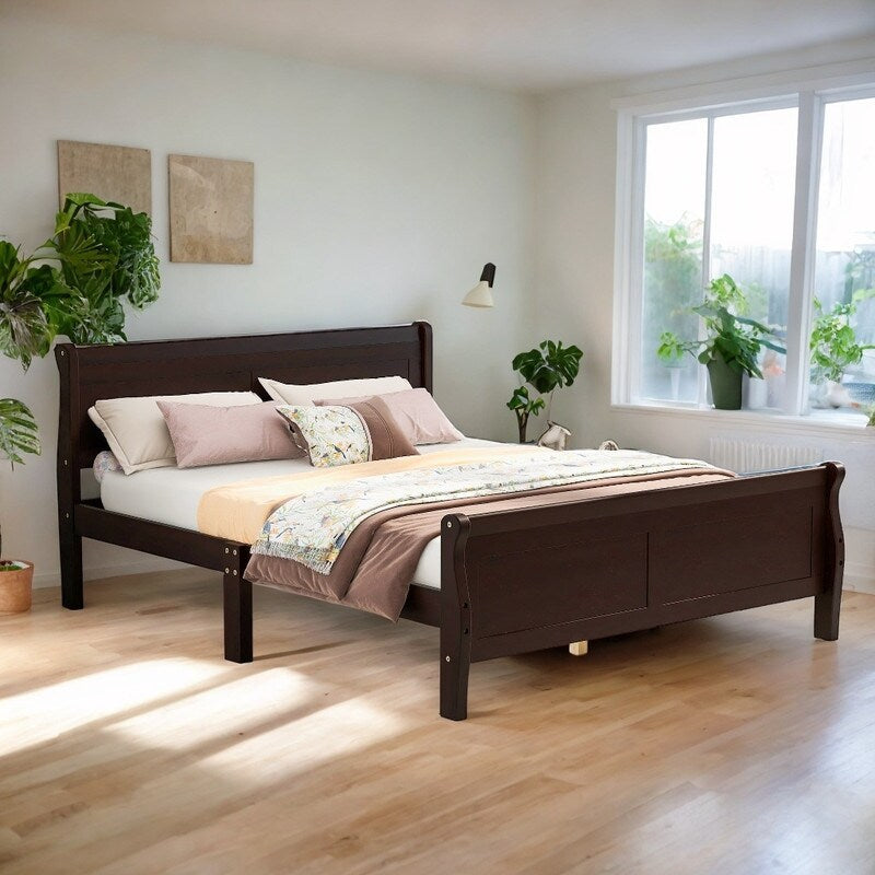 Full Size Wooden Classic Platform Bed with Headboard and Wooden Slat Support