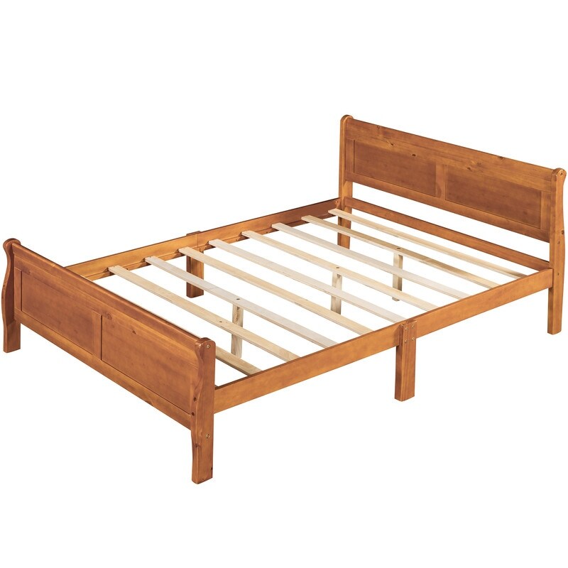 Full Size Wooden Classic Platform Bed with Headboard and Wooden Slat Support