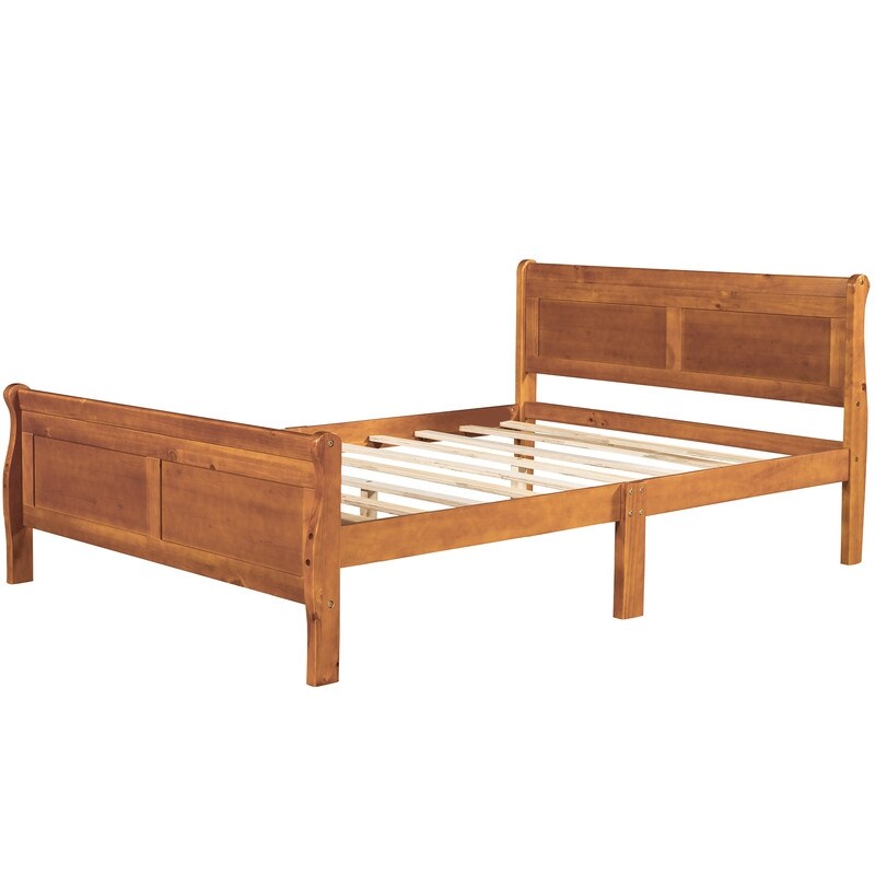 Full Size Wooden Classic Platform Bed with Headboard and Wooden Slat Support