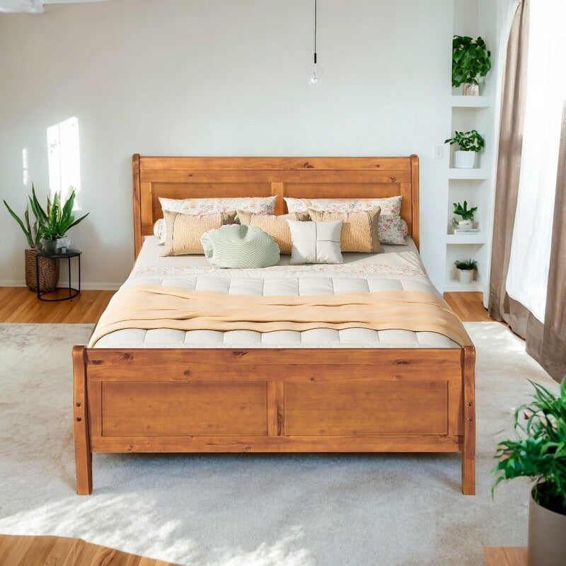 Full Size Wooden Classic Platform Bed with Headboard and Wooden Slat Support