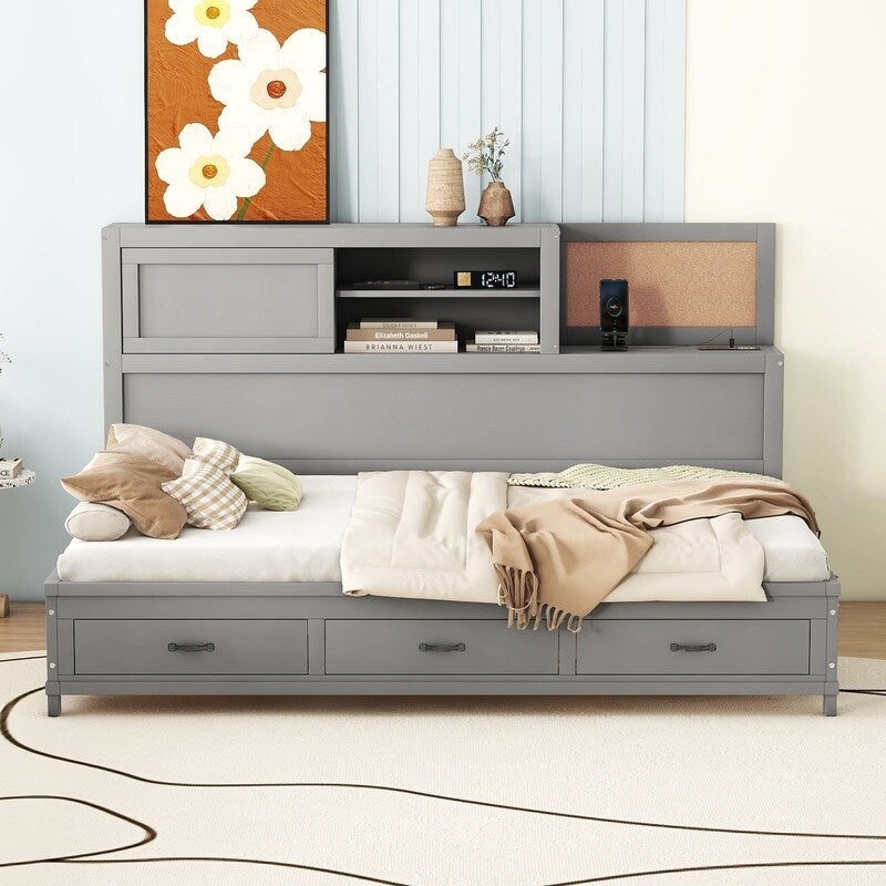 Full Size Wooden Daybed with 3 Storage Drawers,Sockets and USB Ports