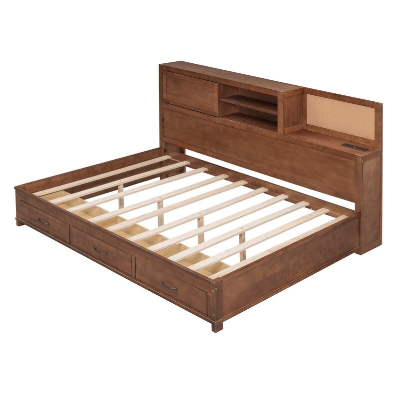 Full Size Wooden Daybed with 3 Storage Drawers,Sockets and USB Ports