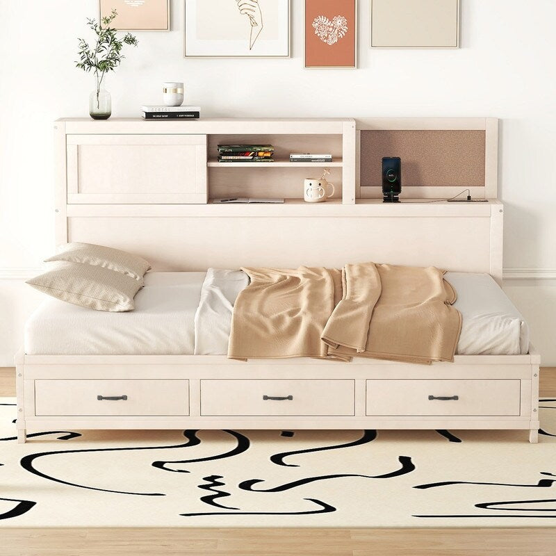 Full Size Wooden Daybed with 3 Storage Drawers,Sockets and USB Ports