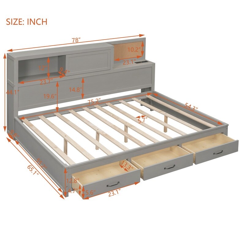 Full Size Wooden Daybed with 3 Storage Drawers,Sockets and USB Ports