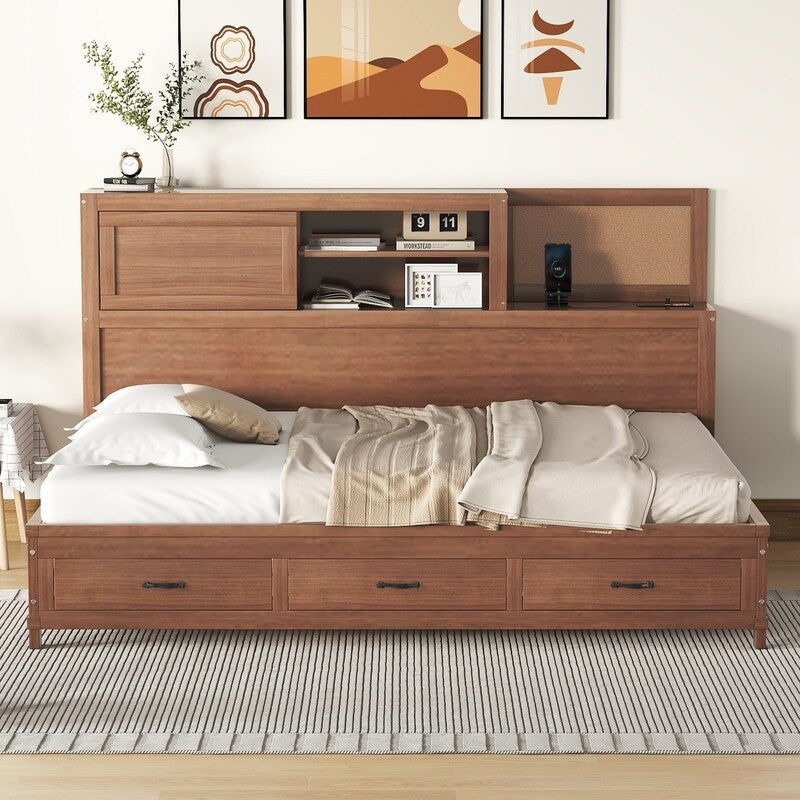 Full Size Wooden Daybed with 3 Storage Drawers,Sockets and USB Ports