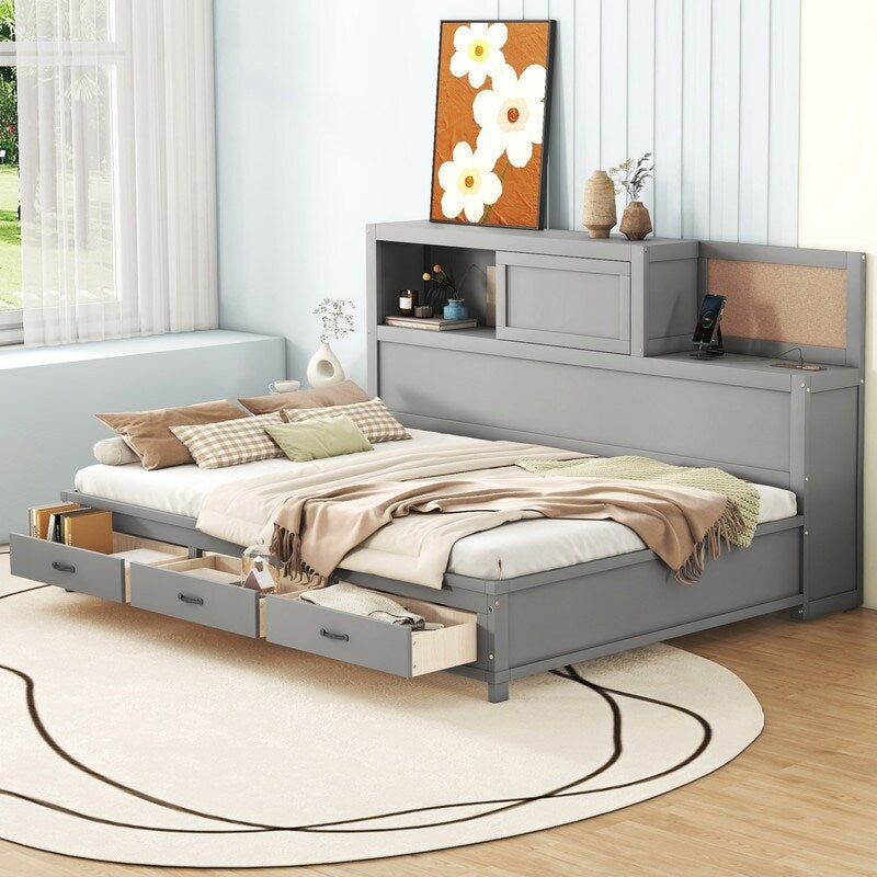 Full Size Wooden Daybed with 3 Storage Drawers,Sockets and USB Ports