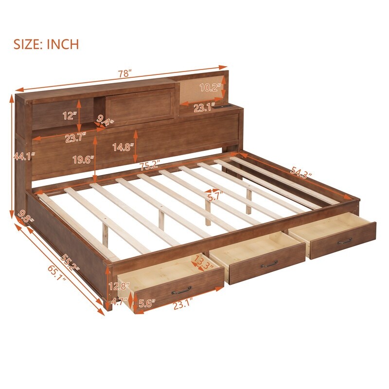 Full Size Wooden Daybed with 3 Storage Drawers,Sockets and USB Ports