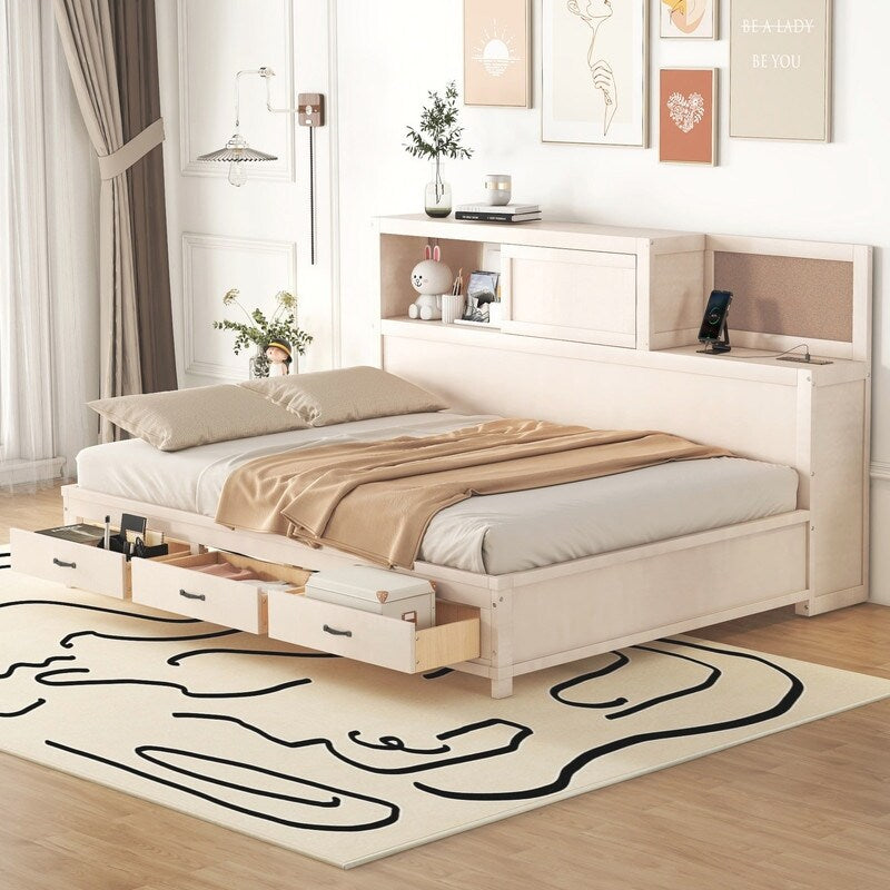 Full Size Wooden Daybed with 3 Storage Drawers,Sockets and USB Ports