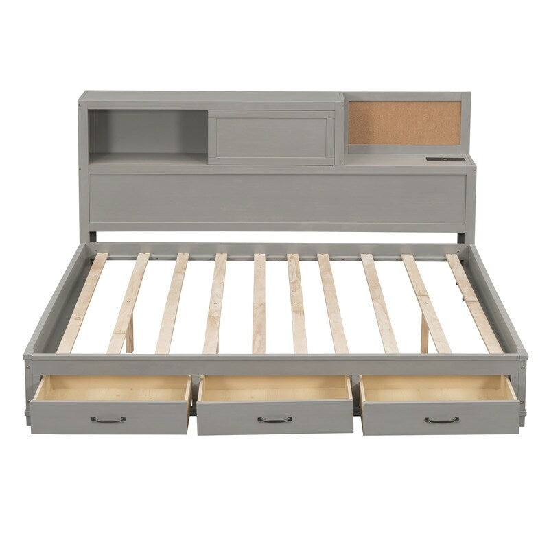 Full Size Wooden Daybed with 3 Storage Drawers,Sockets and USB Ports