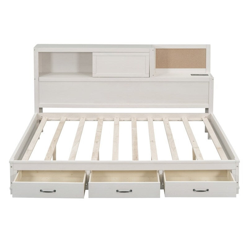 Full Size Wooden Daybed with 3 Storage Drawers,Sockets and USB Ports