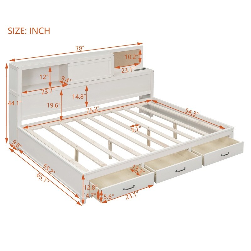 Full Size Wooden Daybed with 3 Storage Drawers,Sockets and USB Ports