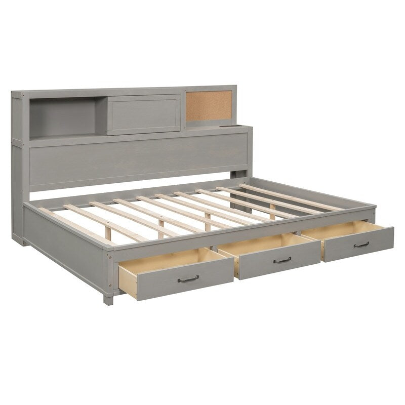 Full Size Wooden Daybed with 3 Storage Drawers,Sockets and USB Ports