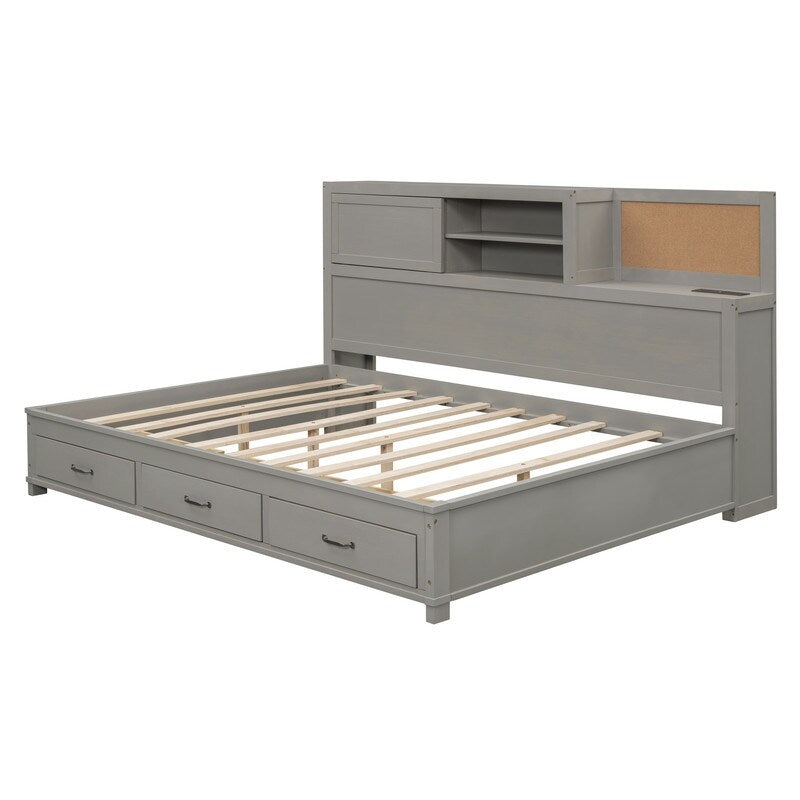Full Size Wooden Daybed with 3 Storage Drawers,Sockets and USB Ports